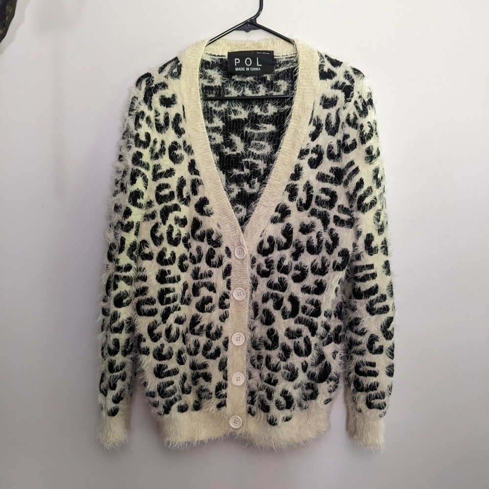 Pol Leopard Print Fuzzy V-Neck Cardigan Medium Cream and Black